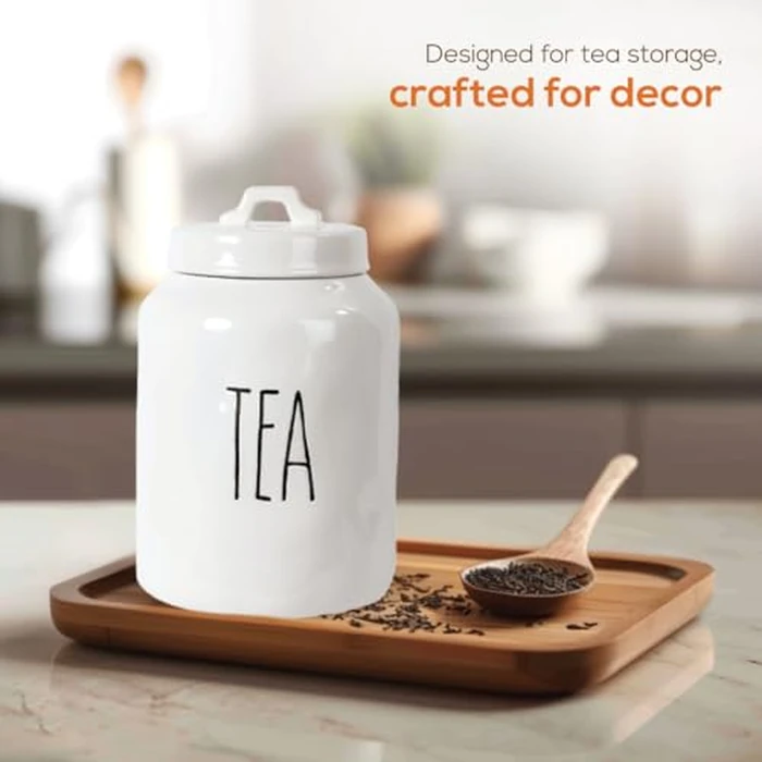 Truu Design Ceramic Tea Jar, Modern Rae Dunn Farmhouse Design with "TEA" Wording, Kitchen Decor and Organization, Airtight Food Storage Container for Tea Leaves Storage, 9.5" H x 3.94" D, White by Truu Design - Image 4