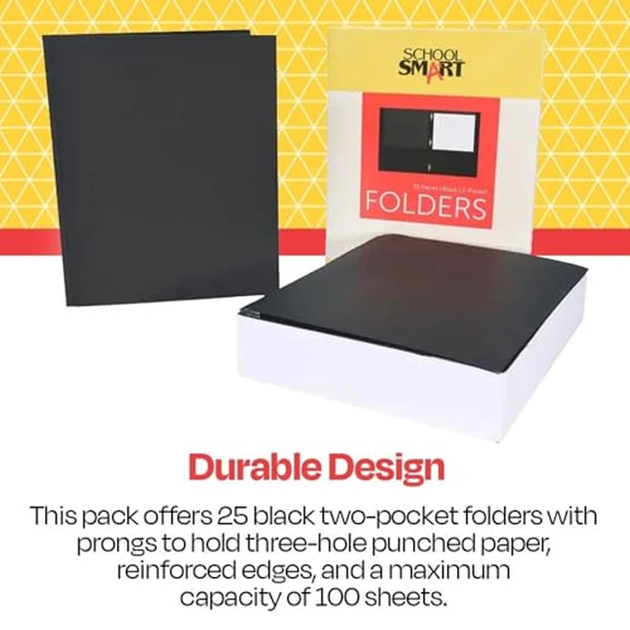 School Smart Heavy Duty 2 Pocket Portfolio with 3 Hole Fastener - 9 1/2 x 12 in - 25 Pack - Black by School Smart - Image 6