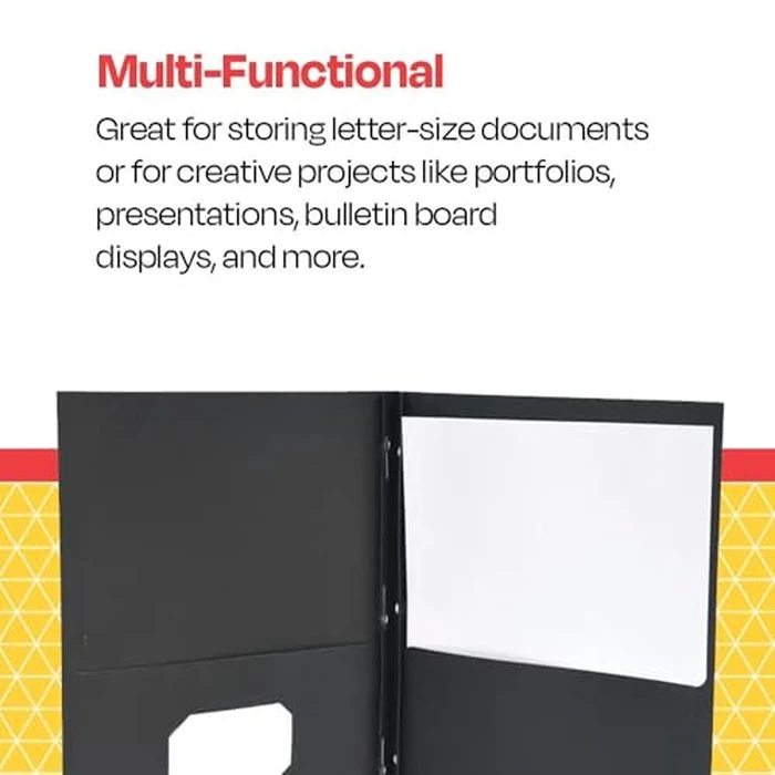 School Smart Heavy Duty 2 Pocket Portfolio with 3 Hole Fastener - 9 1/2 x 12 in - 25 Pack - Black by School Smart - Image 7