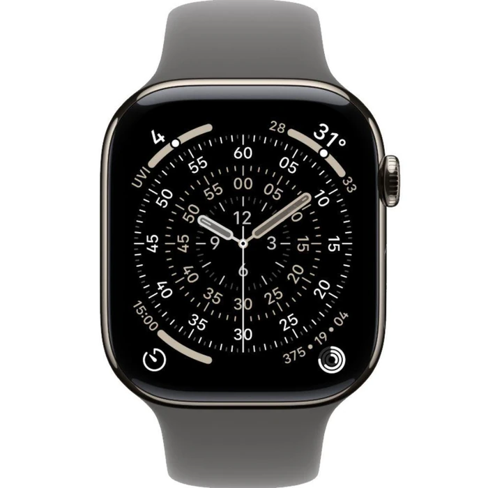 Apple Watch Series 11 (Cellular + GPS) - 64GB - 42mm - Natural Titanium Case with Stone Grey Silicone Sport Band - S/M Size by Apple - Refurbished - Excellent condition