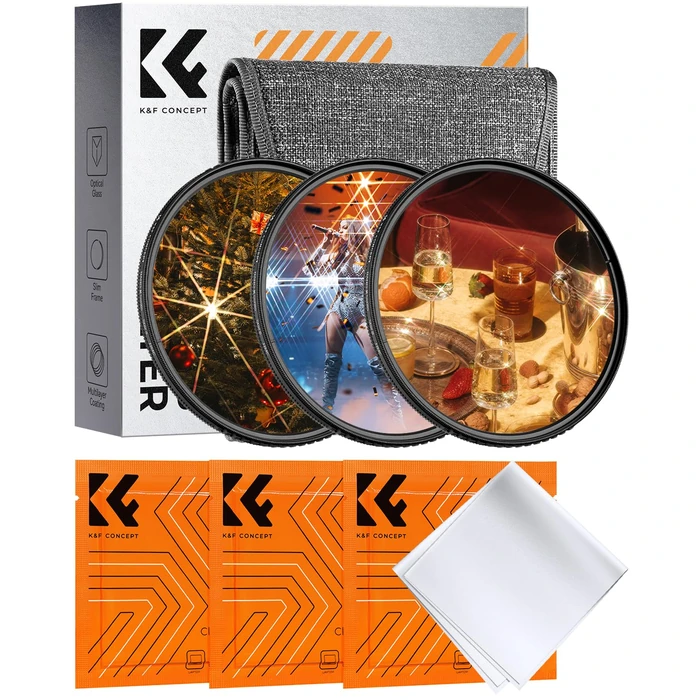 K&F CONCEPT 77mm Star Filters Kit (3 PCS) 4 Points 6 Points 8 Points Cross Screen Starburst Filters Set -18 Layer Coating Ultra Slim Optical Glass Camera Lens Filter with 3 Cleaning Cloth by K&F CONCEPT - Used - Very Good condition - US$25.38