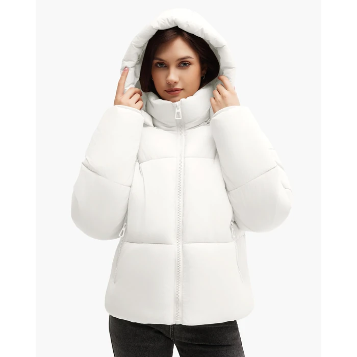 Polu Womens Cropped Puffer Jackets with Removable Hood Lightweight Winter Zip Up Padded Quilted Coat (White,S) by Polu - Image 2