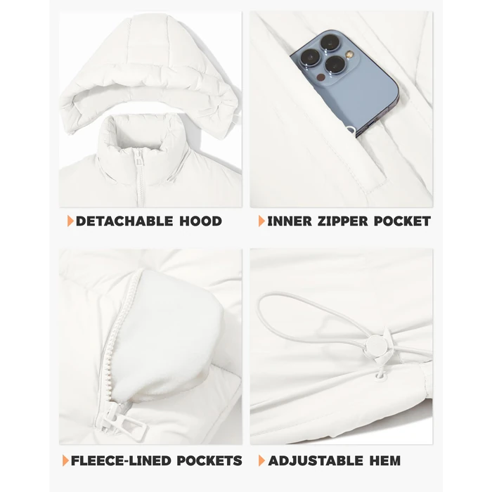 Polu Womens Cropped Puffer Jackets with Removable Hood Lightweight Winter Zip Up Padded Quilted Coat (White,S) by Polu - Image 5