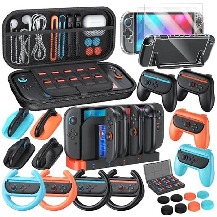 32-in-1 Accessories Bundle for Nintendo Switch 2,Family Games Kit: Carrying Case,Charging Dock for Joycon Switch 2 Controller,Tempered film,Steering Wheels,Grips,Protective Cover by YUANHOT - Used - Like New condition - US$42.25