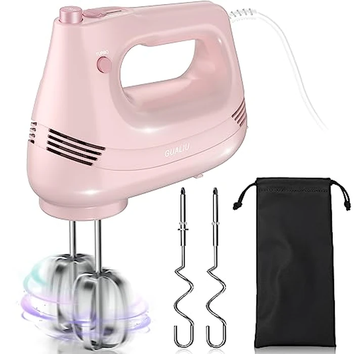 GUALIU Electric Hand Mixer with Stainless Steel Whisk, Dough Hook Attachment and Storage Bag, Handheld Mixer for Baking Cakes, Eggs, Cream Food Mixers. Turbo Boost /5 Speed Kitchen Blender PINK by GUALIU - Used - Like New condition - US$15.97