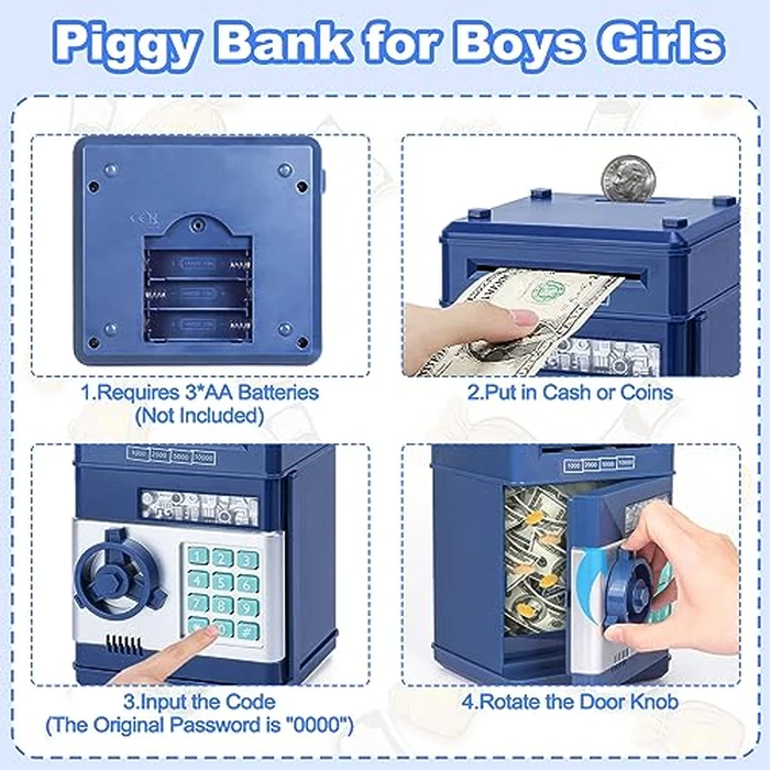 Piggy Bank for Boys,Refasy Electronic Piggy Banks Password Money Saving Box Gifts for 11 Year Old Boy Money Bank Toy Birthday Gifts for Boys Girls Kids Safe Cash Coin Can(Navy) by Refasy - Image 4