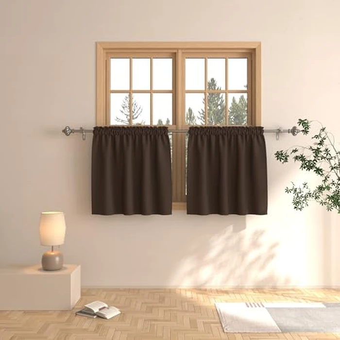 Tier Curtains Blackout Coffee Brown 24 inch Room Darkening Kitchen Window Curtains Over Sink Bathroom Basement Triple Weave Short Small Cafe Curtains Half Window Treatment Set 2 Panels Rod Pocket 24"L by UPOPO - Used - Very Good condition - CA$12.71