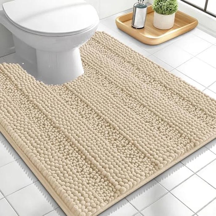 OLANLY Thick Toilet Rugs U-Shaped 24x20, Extra Soft Absorbent Chenille Striped Contour Bathroom Rugs for Toilet, Dry Quickly, Machine Washable, Non-Slip Bath Mat, Beige by OLANLY - Image 1