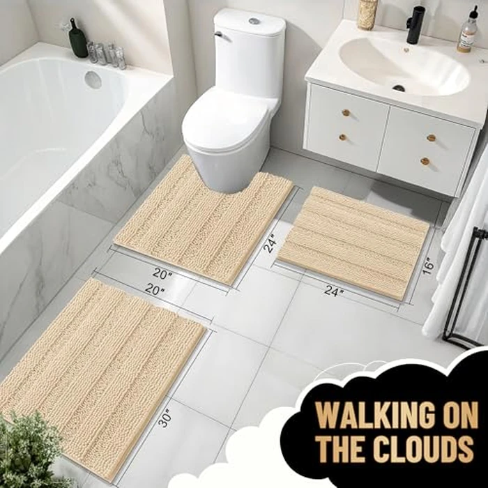OLANLY Thick Toilet Rugs U-Shaped 24x20, Extra Soft Absorbent Chenille Striped Contour Bathroom Rugs for Toilet, Dry Quickly, Machine Washable, Non-Slip Bath Mat, Beige by OLANLY - Image 6