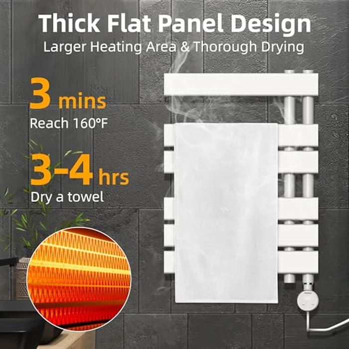 P&Dlusir Electric Towel Warmer, Heated Towel Rack with Touch Panel, Plug-in, Flat 8 Bar Towel Warmer, 6 Level Heating & 4 Modes Timer, White, H19.69 x W19.69 by P&Dlusir - Image 2