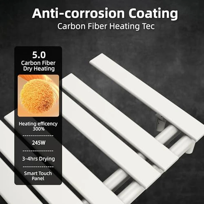 P&Dlusir Electric Towel Warmer, Heated Towel Rack with Touch Panel, Plug-in, Flat 8 Bar Towel Warmer, 6 Level Heating & 4 Modes Timer, White, H19.69 x W19.69 by P&Dlusir - Image 4