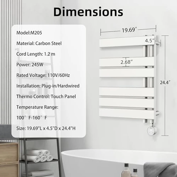 P&Dlusir Electric Towel Warmer, Heated Towel Rack with Touch Panel, Plug-in, Flat 8 Bar Towel Warmer, 6 Level Heating & 4 Modes Timer, White, H19.69 x W19.69 by P&Dlusir - Image 6
