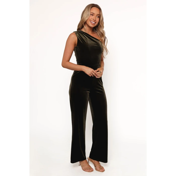 Petal & Pup Xita Velvet One Shoulder Jumpsuit - Olive S by Petal & Pup - Image 2