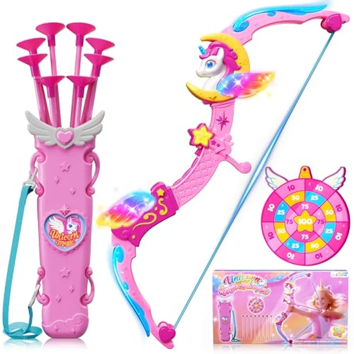 Unicorn Toys for Girls Ages 3-12, 6 Magic Lights BowArrow(Unicorn Horn, Wings, Star, Upper & Lower Arms), Dreamy Quiver & Princess Target, 8 Pink Suction Arrow, Gift for 3 4 5 6 7 8 9 10 Year Old Girl by Hanroni - Image 1