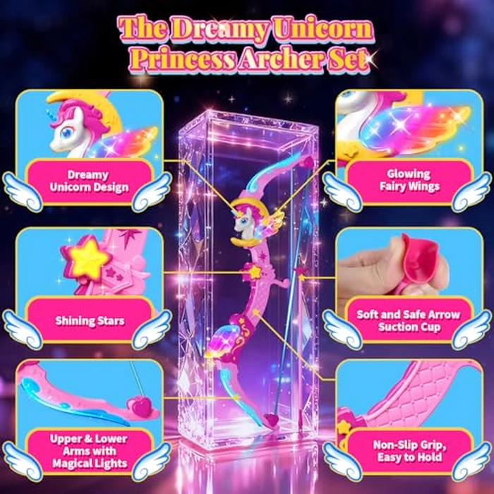 Unicorn Toys for Girls Ages 3-12, 6 Magic Lights BowArrow(Unicorn Horn, Wings, Star, Upper & Lower Arms), Dreamy Quiver & Princess Target, 8 Pink Suction Arrow, Gift for 3 4 5 6 7 8 9 10 Year Old Girl by Hanroni - Image 4