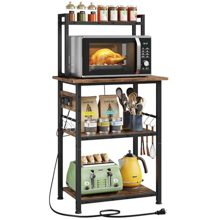 YAOHUOO Kitchen Bakers Rack with Power Outlet,Coffee Bar Equipmentted with 3 S-Shaped Hooks,Microwave Oven Stand with Steel Frame,Multifunctional Shelf Storage for Kitchen/Office/Bedroom by YAOHUOO - Used - Acceptable condition