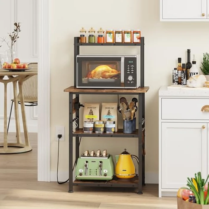 YAOHUOO Kitchen Bakers Rack with Power Outlet，Coffee Bar Equipmentted with 3 S-Shaped Hooks，Microwave Oven Stand with Steel Frame，Multifunctional Shelf Storage for Kitchen/Office/Bedroom by YAOHUOO - Image 2