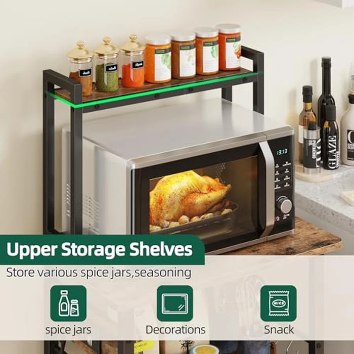 YAOHUOO Kitchen Bakers Rack with Power Outlet，Coffee Bar Equipmentted with 3 S-Shaped Hooks，Microwave Oven Stand with Steel Frame，Multifunctional Shelf Storage for Kitchen/Office/Bedroom by YAOHUOO - Image 5