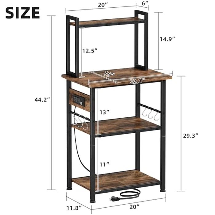 YAOHUOO Kitchen Bakers Rack with Power Outlet，Coffee Bar Equipmentted with 3 S-Shaped Hooks，Microwave Oven Stand with Steel Frame，Multifunctional Shelf Storage for Kitchen/Office/Bedroom by YAOHUOO - Image 7