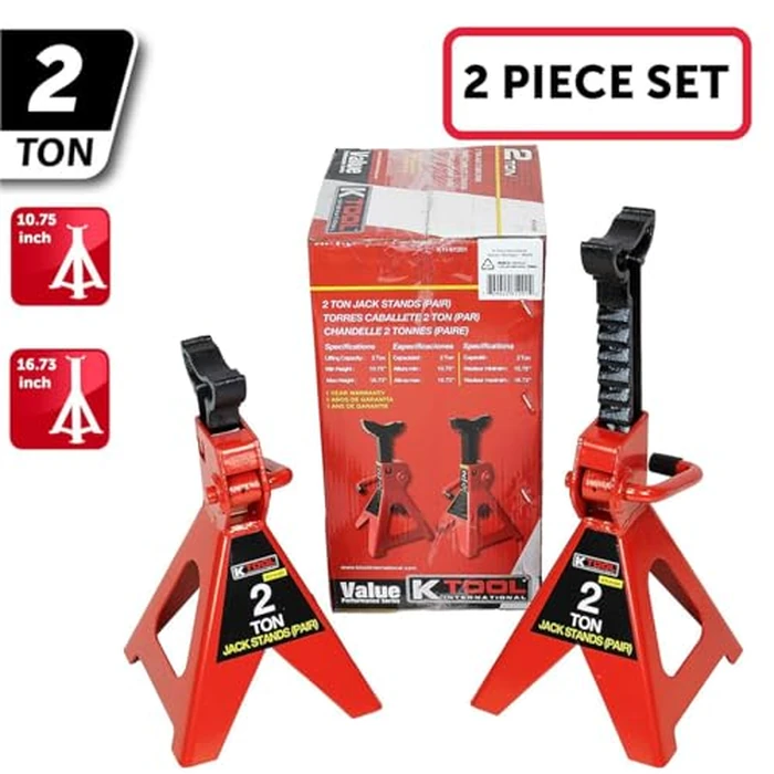 K Tool International 61201 2 Ton Automotive Jack Stands for Garages, Repair Shops, and DIY, Lightweight, 4,000 lbs. Capacity, Heavy Duty Steel Frame, Adjustable Height 10.75"-16.73", Red/Black, Pair by K Tool International - Image 4
