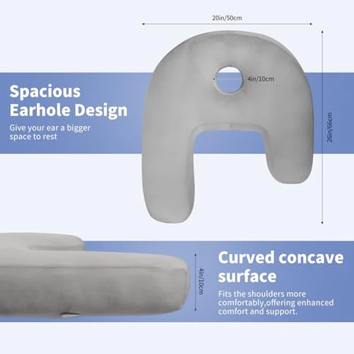 Nockovi Ear Piercing Pillow - Side Sleeper Body Pillow with Ear Hole for Pain Relief, J-Shaped Ergonomic Support, 20x26 Inches (Grey) by Nockovi - Image 4