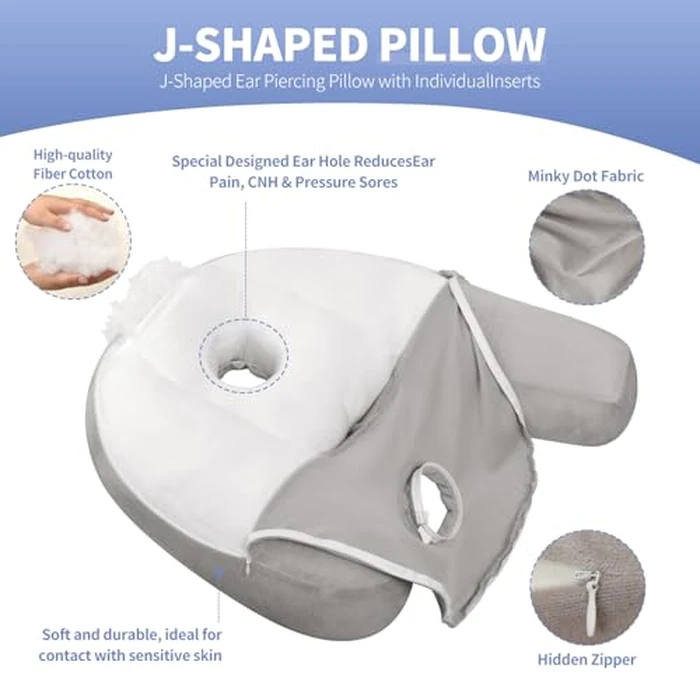 Nockovi Ear Piercing Pillow - Side Sleeper Body Pillow with Ear Hole for Pain Relief, J-Shaped Ergonomic Support, 20x26 Inches (Grey) by Nockovi - Image 5