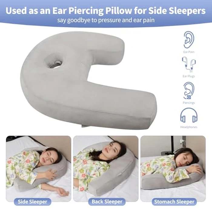 Nockovi Ear Piercing Pillow - Side Sleeper Body Pillow with Ear Hole for Pain Relief, J-Shaped Ergonomic Support, 20x26 Inches (Grey) by Nockovi - Image 6
