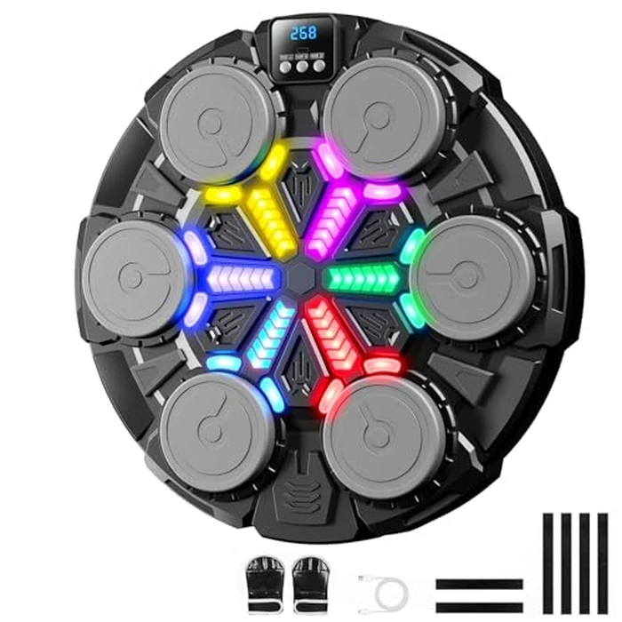 HANQUAN Upgraded Music Boxing Machine for Kids and Adults, Bluetooth Wall Mounted Punching Pad with Gloves,Rhythm Lights&Two-Player Battle Home Gym Equipment,Sports Toy Gift for Ages 3-12 Year Old by HANQUAN - Used - Like New condition