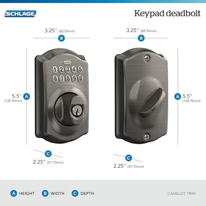 Schlage Camelot Electronic Keypad Deadbolt Lock, Keyless Front Door Entry, Mechanical Key Backup Included, Antique Pewter, BE365 CAM 620 by SCHLAGE - Image 3