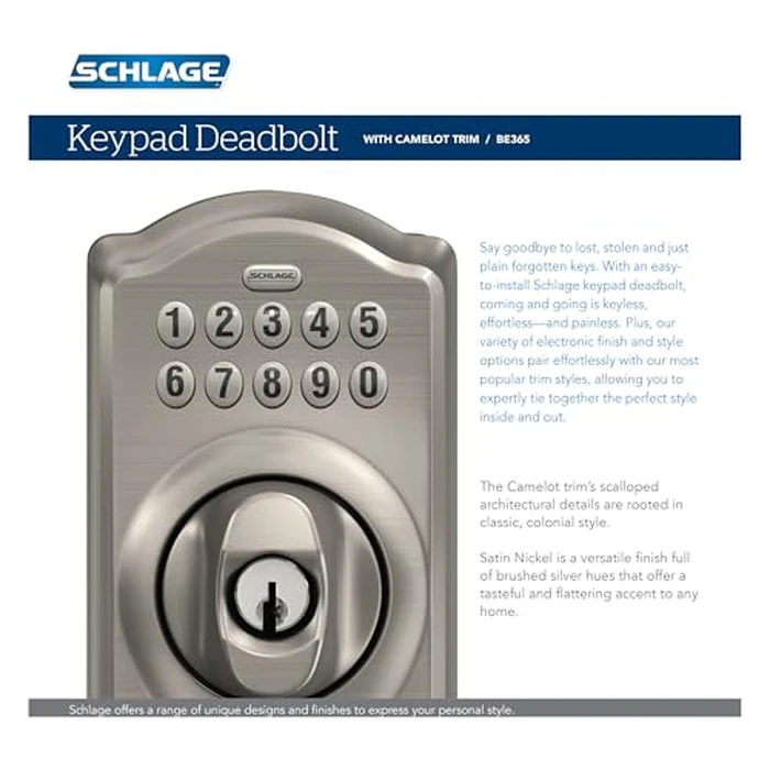 Schlage Camelot Electronic Keypad Deadbolt Lock, Keyless Front Door Entry, Mechanical Key Backup Included, Antique Pewter, BE365 CAM 620 by SCHLAGE - Image 7