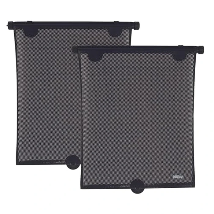 Nuby 14" Roller Vehicle Side Window Sun Protection Shade for Baby | 2 Pack | Pull Down with Suction Cups and Press Button Roll Up | Black by Nuby - Used - Acceptable condition