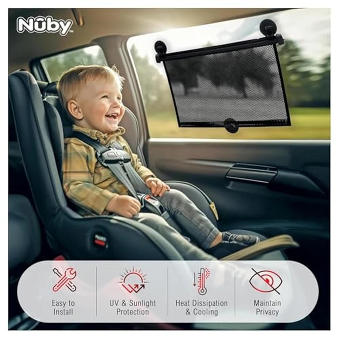 Nuby 14" Roller Vehicle Side Window Sun Protection Shade for Baby | 2 Pack | Pull Down with Suction Cups and Press Button Roll Up | Black by Nuby - Image 3