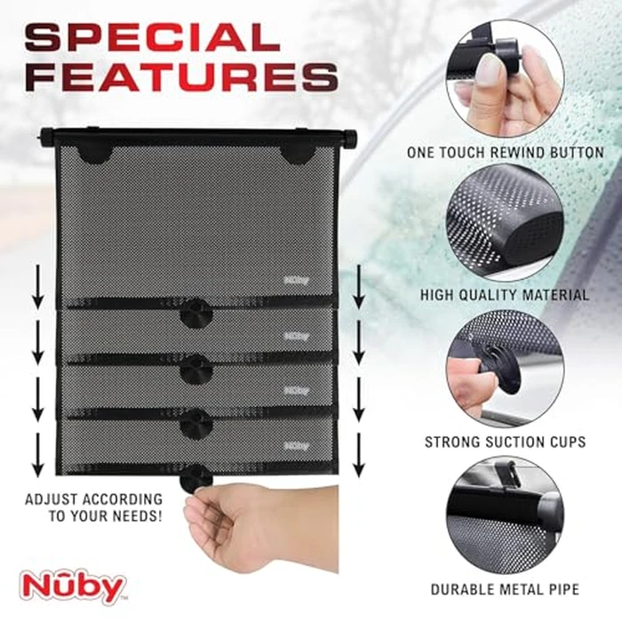 Nuby 14" Roller Vehicle Side Window Sun Protection Shade for Baby | 2 Pack | Pull Down with Suction Cups and Press Button Roll Up | Black by Nuby - Image 6