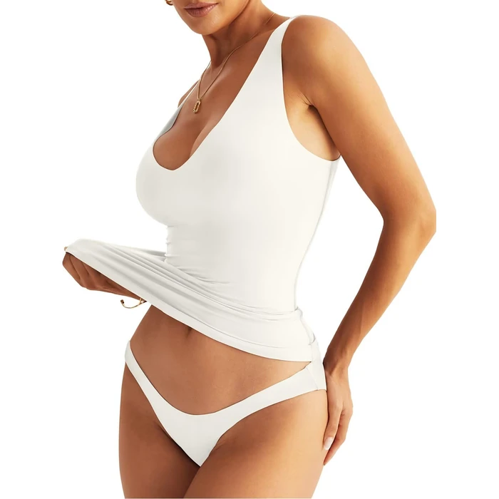 EasyGala Womens V Neck Tank Tops Sleeveless Double Lined Basic Tops Slim Fit Summer Shirts 2025 Cream White by EasyGala - Image 2