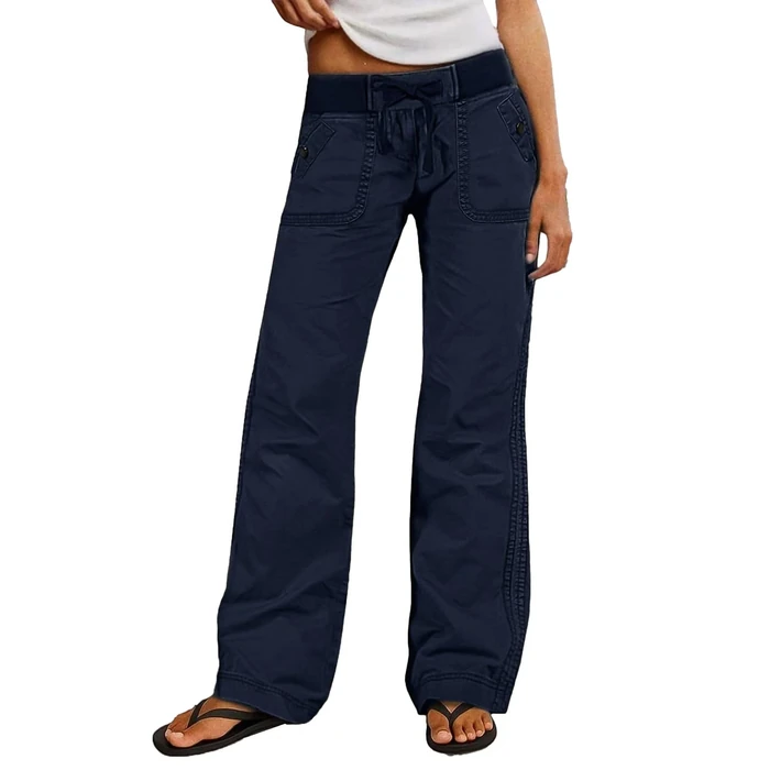 Flamingals Straight Leg Pants for Women Drawstring Waist Mid Rise Casual Solid Seam Detail Pant Dark Blue S by Flamingals - Image 1