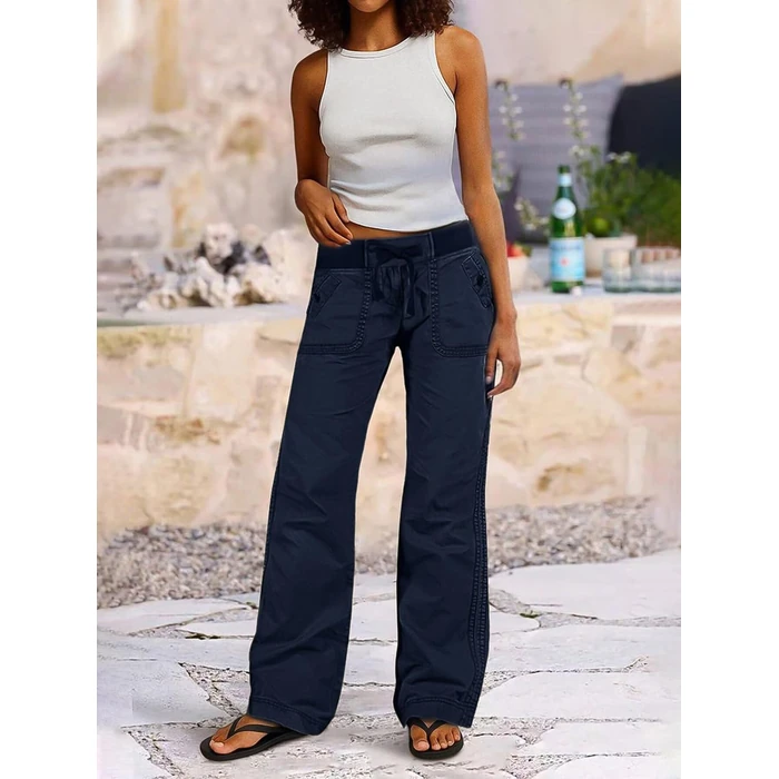 Flamingals Straight Leg Pants for Women Drawstring Waist Mid Rise Casual Solid Seam Detail Pant Dark Blue S by Flamingals - Image 3