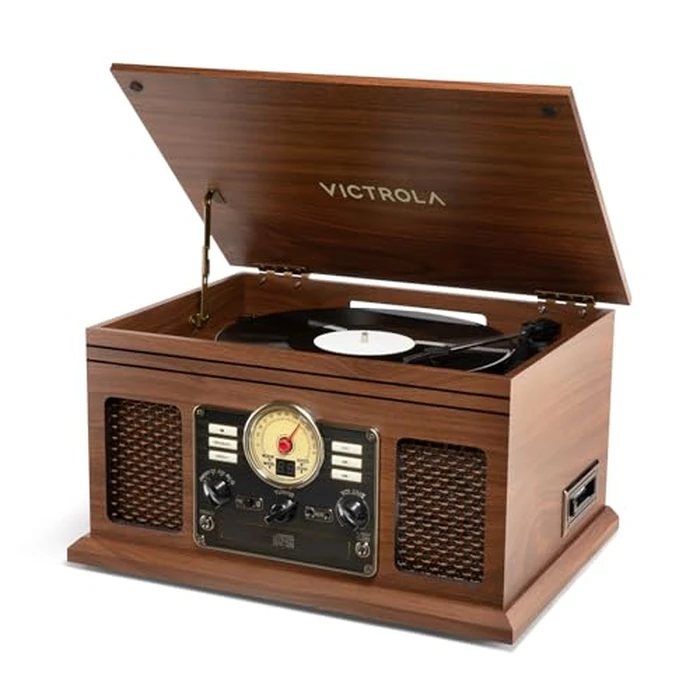 Victrola The Quincy 6-in-1 Bluetooth Record Player & Multimedia Center with Built-in Speakers - 3-Speed Turntable, CD & Cassette Player, FM Radio, Wireless Music Streaming (Walnut) by Victrola - Used - Like New condition - US$117.60