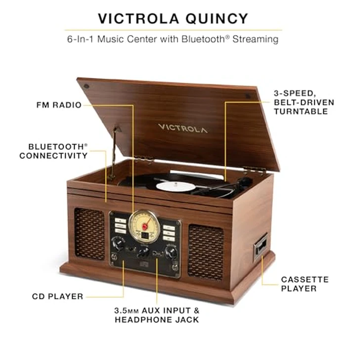 Victrola The Quincy 6-in-1 Bluetooth Record Player & Multimedia Center with Built-in Speakers - 3-Speed Turntable, CD & Cassette Player, FM Radio, Wireless Music Streaming (Walnut) by Victrola - Image 2