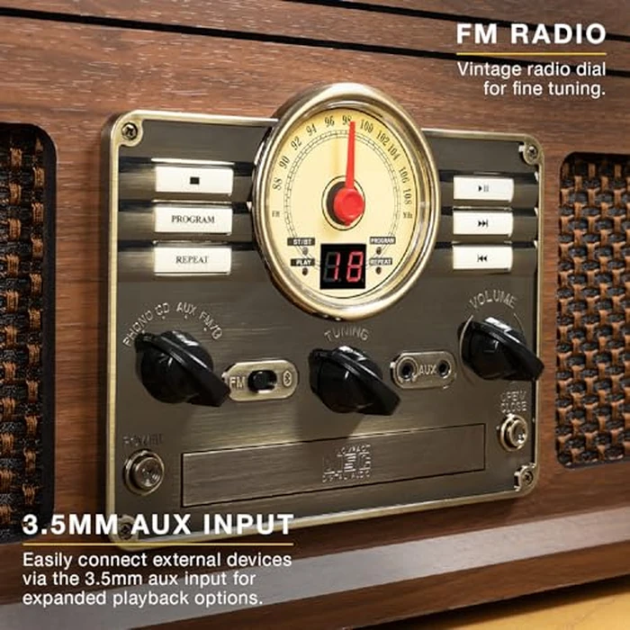 Victrola The Quincy 6-in-1 Bluetooth Record Player & Multimedia Center with Built-in Speakers - 3-Speed Turntable, CD & Cassette Player, FM Radio, Wireless Music Streaming (Walnut) by Victrola - Image 6