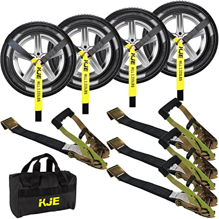 KJE 4 Pack Car Tie Down Straps for Trailers - Tire Ratchet Strap with Flat Hooks - 2" x 10' 10,000LBS Break Strength - Lasso Style Wheel Straps for Hauling UTV, SUV, Any Cars by KJE - Used - Very Good condition - US$43.66