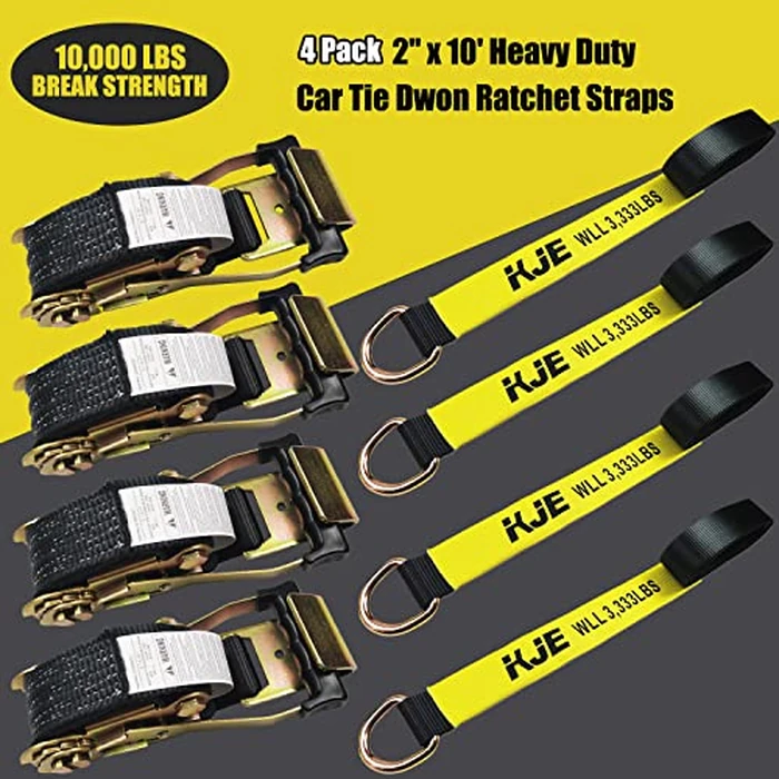 KJE 4 Pack Car Tie Down Straps for Trailers - Tire Ratchet Strap with Flat Hooks - 2" x 10' 10,000LBS Break Strength - Lasso Style Wheel Straps for Hauling UTV, SUV, Any Cars by KJE - Image 2