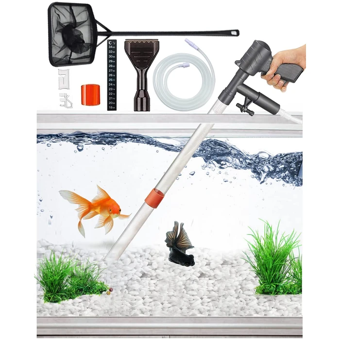 QZQ Aquarium Gravel Cleaner [2026 Edition] Vacuum Fish Tank Vacuum Cleaner Tools for Aquarium Water Changer with Aquarium Thermometers Fish Net kit Use for Fish Tank Cleaning Gravel and Sand by QZQ - Used - Very Good condition