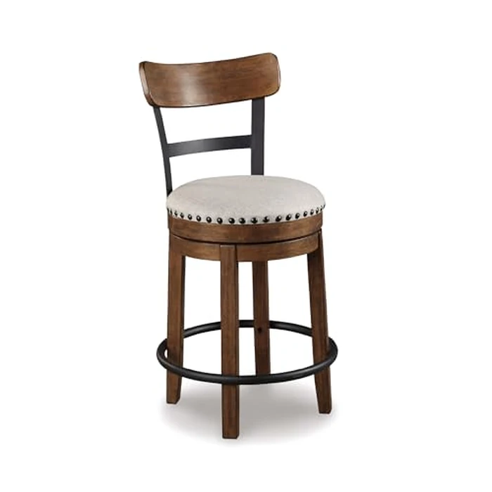 Signature Design by Ashley Valebeck Swivel Barstool With Back, Rustic-Industrial Wood and Metal, 360-Degree Swivel Counter Height Stool for Kitchen Island Seating, Linen Color by Signature Design by Ashley - Used - Like New condition - US$106.10