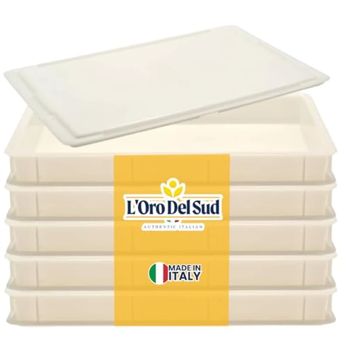 L'Oro Del Sud Commercial Dough Proofing Box Tray with Lid, White, 5 Pack, 23.6" x 15.74" x 2.75", Size Stackable Pizza Container, Bin Resistance to impact, temperature changes, Made in Italy by L'Oro Del Sud - Used - Very Good condition - US$119.99