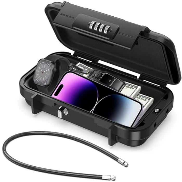 Diyife Travel Safe, [Waterproof] Portable Mini Beach Safe Heavy Duty 4-Digit Combination Lock Box, Anti-Theft Security Small Safe Box with Removable Wire Rope for Home, Office, Cars, Travel, Beach by Diyife - Image 1