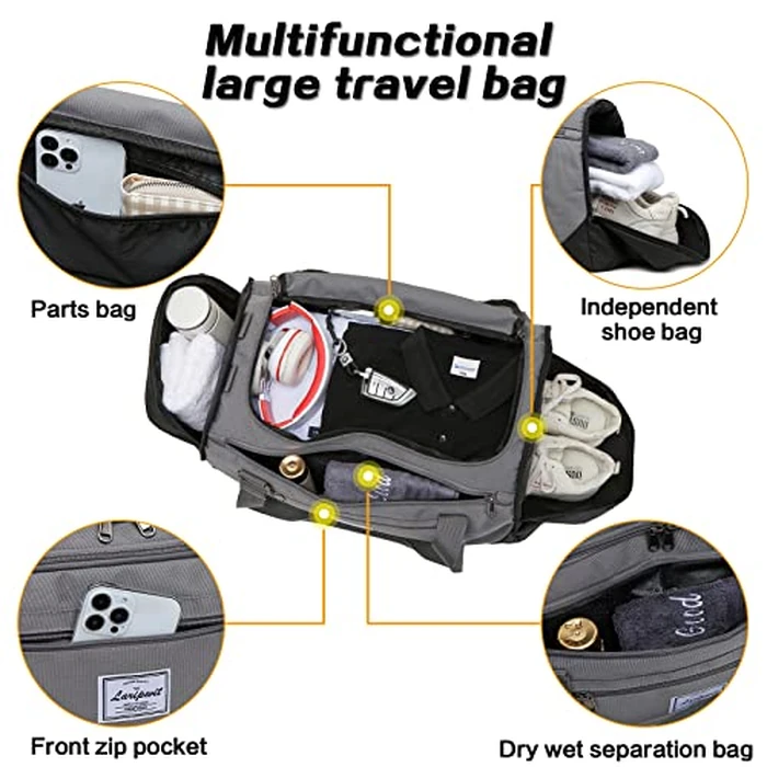 Laripwit Travel Duffle Bag for Men 40L Sports Gym Bag with Wet Pocket & Shoes Compartment Weekender Overnight Backpack for Traveling Duffel Bag Backpack for Women, Gray by Laripwit - Image 4