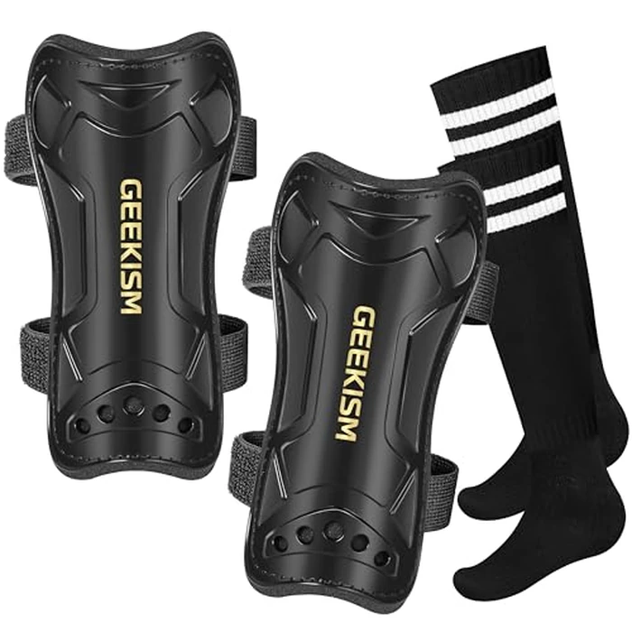 Soccer Shin Guards for Youth Kids Toddler, Upgraded Double Straps & Thicker, More Stable Protected Soccer Equipment - Football Gear for 3-5-7 4-6-8-10-12-14 Years Old Child Teens Boys Girls (Black, L) by Geekism - Used - Like New condition