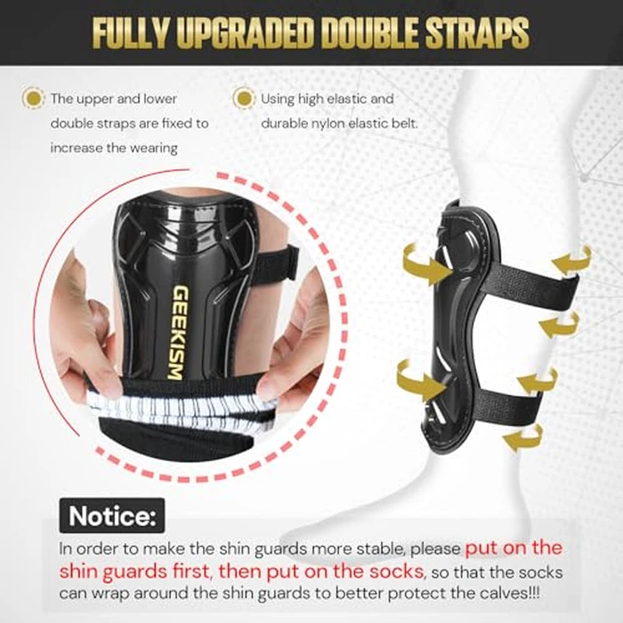 Soccer Shin Guards for Youth Kids Toddler, Upgraded Double Straps & Thicker, More Stable Protected Soccer Equipment - Football Gear for 3-5-7 4-6-8-10-12-14 Years Old Child Teens Boys Girls (Black, L) by Geekism - Image 3