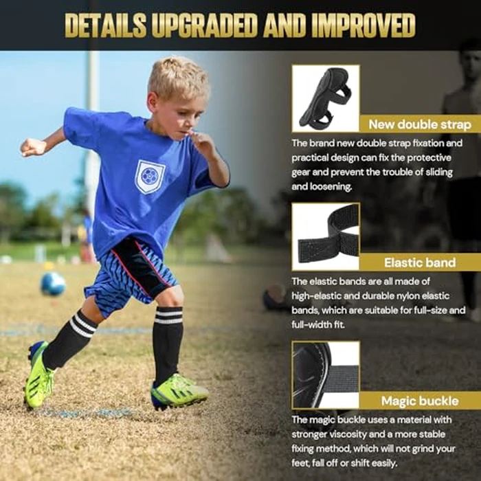 Soccer Shin Guards for Youth Kids Toddler, Upgraded Double Straps & Thicker, More Stable Protected Soccer Equipment - Football Gear for 3-5-7 4-6-8-10-12-14 Years Old Child Teens Boys Girls (Black, L) by Geekism - Image 4