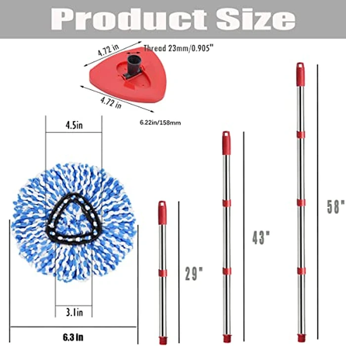 ANREKEYH Spin Mop Head, Base, Handle Replacement for O-ceda EasyWring RinseClean Microfiber Spin Mops, 2 Microfiber Mop Refills, 1 Triangle Head Cover and 30-58in Handle (Blue (2-Tank System)) by ANREKEYH - Image 4